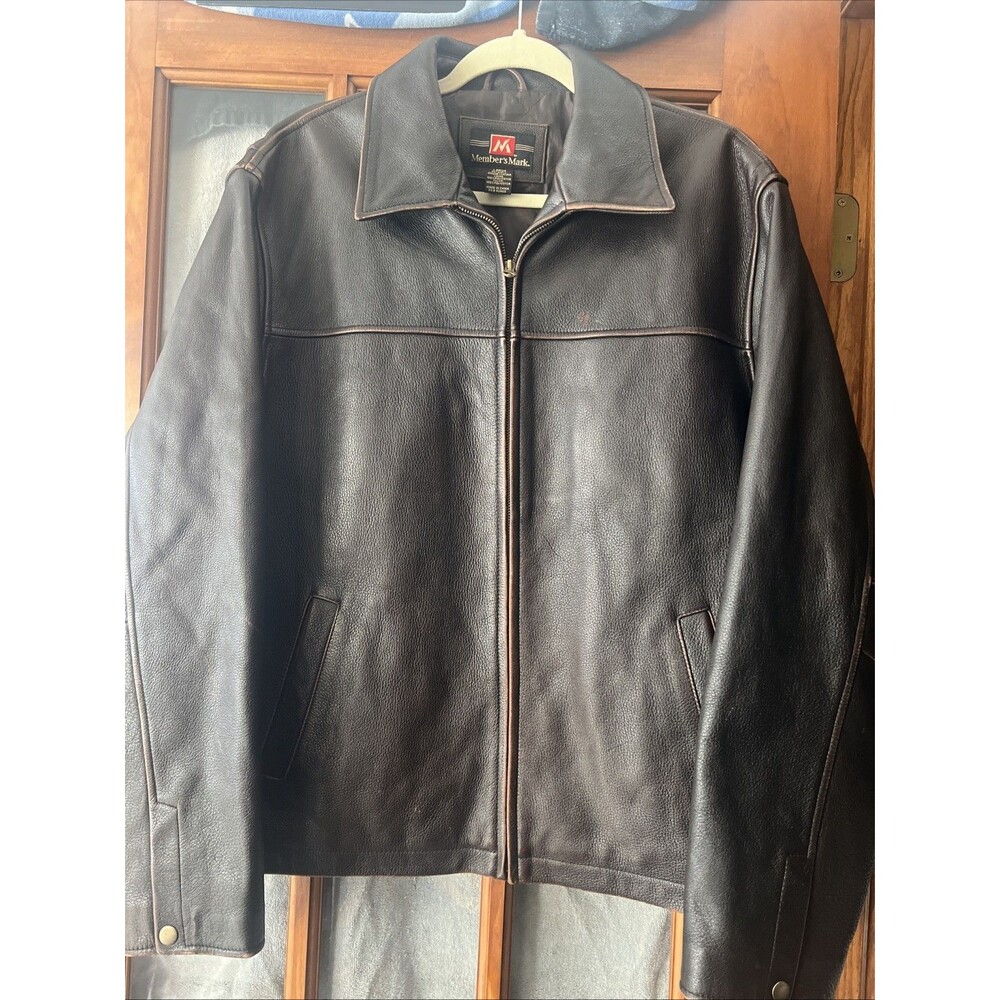 Member’s Mark Brown Leather Jacket Mens Large Zip Soft Supple Thick Brown Bomber